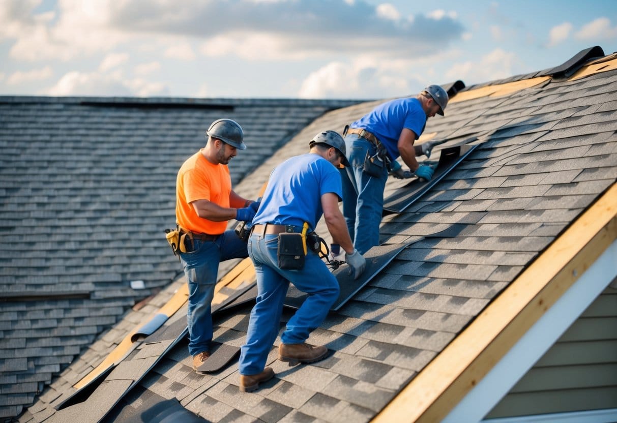 A team of workers removes old shingles and inspects the roof structure before installing new materials during a roof renovation translated to Danish is as follows:Et hold arbejdere fjerner gamle helvedesild og inspicerer tagkonstruktionen inden de installerer nye materialer under en tagrenovering